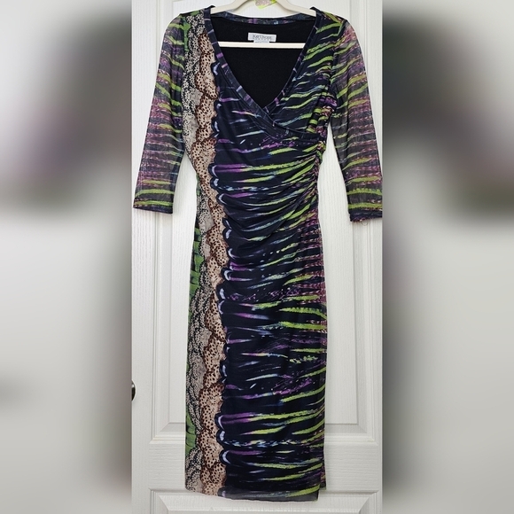 Kay Unger Ruched Wrap Mesh Ilusion Abstract Bodycon Stretchy Dress XS - Picture 1 of 11
